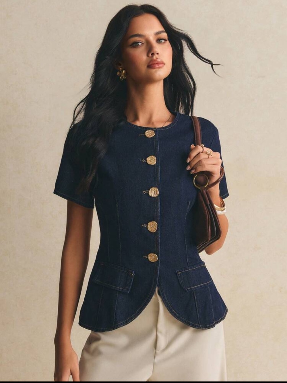 Elegant Navy Short-Sleeve Denim top with Gold Buttons
